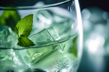 Mojito cocktail with ice and mint on a black background. Generative AI.の素材