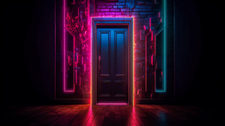 neon door in a dark room with neon lights. Generative AI.の素材