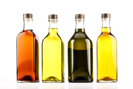 bottles of different types of cooking oil isolated on a white background. Generative AI.の素材
