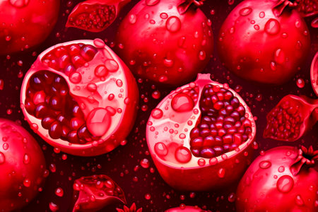 Pomegranate with water drops on a dark background. Generative AI.の素材