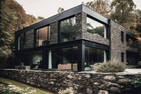 Modern house exterior, view from the garden. luxury modern house. Generative AI.の素材