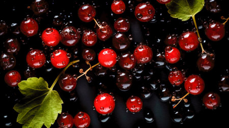 Red currant on a black background. Generative AI.の素材
