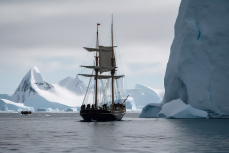 Antarctic ship with icebergs and mountains in the background. Generative AI.の素材