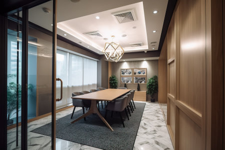 Interior of modern meeting room with wooden walls, concrete floor, panoramic windows and dark brown furniture. Generative AI.の素材