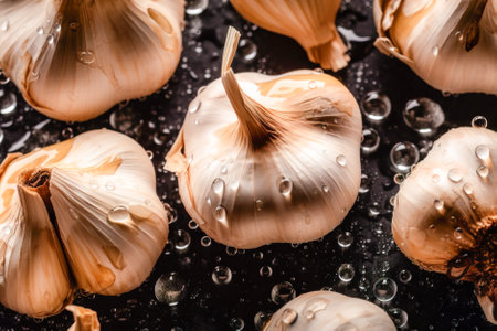 garlic on black background with water drops. Generative AI.の素材
