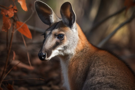 Kangaroo looking at camera in orange wildflowers, Australia. Generative AI.の素材