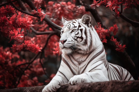Close up of a white tiger on a background of red flowers. Generative AI.の素材