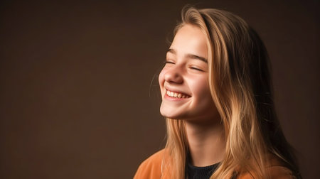 Portrait of a beautiful young girl with long curly hair on a brown background. Generative AI.の素材