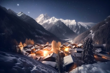 Mountain village at night with stars and snow. winter landscape. Generative AI.の素材