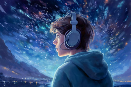 Teenage boy with headphones against starry night sky. Generative AI.の素材