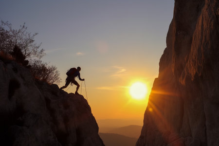 young woman climbing on a cliff at sunrise in the mountains, silhouette. Generative AI.の素材