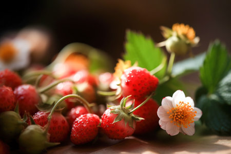 Strawberries with flowers on a dark wooden background. selective focus. Generative AI.の素材