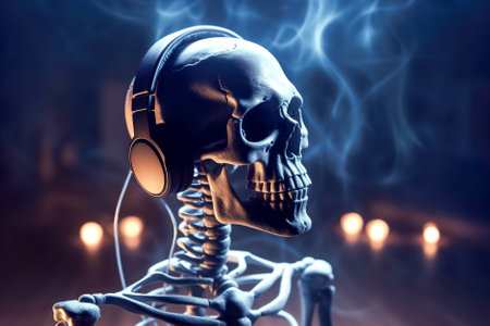 Human skeleton listening to music with headphones. Generative AI.の素材