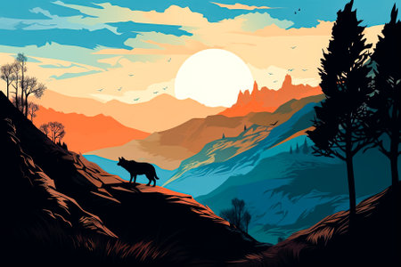 anime wolf at sunset in the mountains. Generative AI.の素材