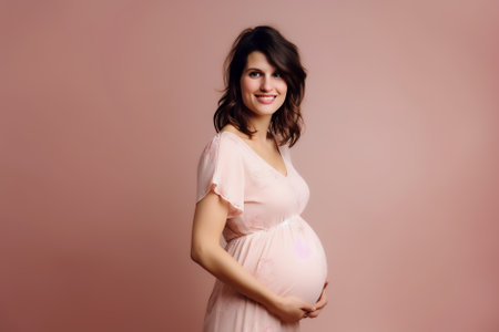 Beautiful pregnant woman in a pink dress on a pink background. Generative AI.の素材