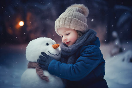 Cute child playing with snow. Winter activities for kids. Generative AI.の素材