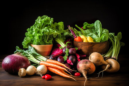 Variety of fresh vegetables on a wooden table. Black background. Generative AIの素材