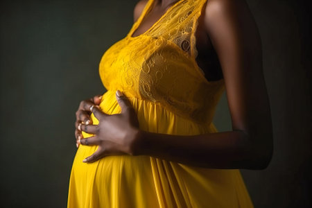 Pregnant african american woman in yellow dress on dark background. Generative AI.の素材