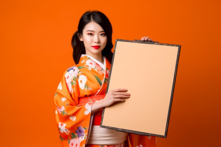 Portrait of a beautiful asian woman in pajamas and eyeglasses holding white board on yellow background. Generative AI.の素材