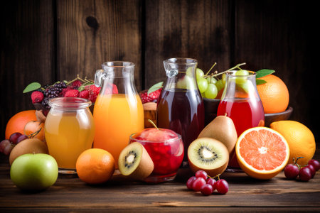 Variety of fresh fruit juices on wooden background. healthy eating concept. Generative AI.の素材