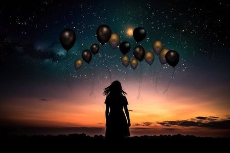 Silhouette of a young woman looking at colorful balloons flying in the sky. Generative AI.の素材