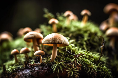 Mushrooms growing in the forest. selective focus. Shallow depth of field. Generative AI.の素材