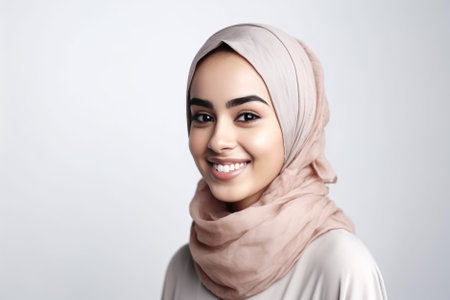 Portrait of a beautiful asian muslim woman wearing hijab smiling at camera isolated over white background. Generative AI.の素材