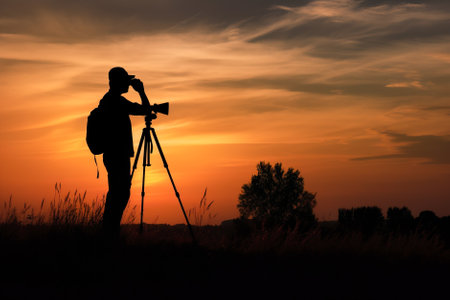 Silhouette of photographer with camera on tripod on sunset background. Generative AI.の素材