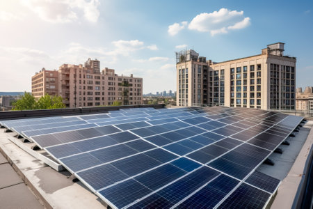 Solar panels installed on the roof of a residential building in the city. Generative AI.の素材
