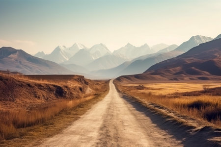 Dirt road in the mountains. Landscape with mountains and blue sky. Generative AI.の素材