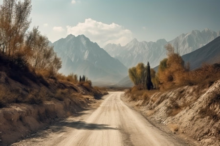 Dirt road in the mountains. Landscape with mountains and blue sky. Generative AI.の素材
