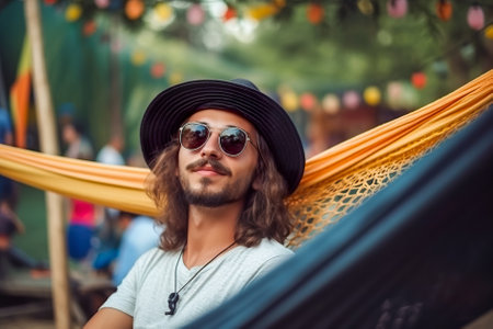 handsome bearded man in hat and sunglasses relaxing in hammock in garden. Generative AI.の素材
