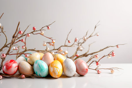 Easter eggs with branches on a white background. Happy Easter. Generative AI.の素材