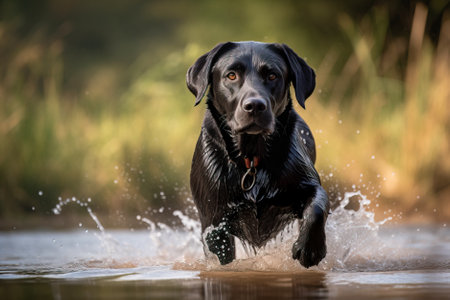 Portrait of a black Labrador retriever running in the water in summer. Generative AI.の素材