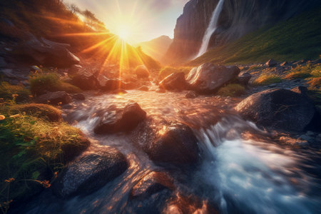 Mountain river flowing through the rocks at sunset. nature composition. Generative AI.の素材