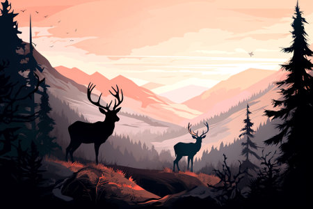 Silhouette of a deer in the mountains. Generative AI.の素材