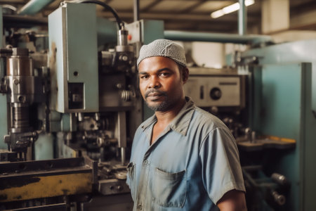 Portrait of a factory worker at the workplace at the machine. Generative AI.の素材