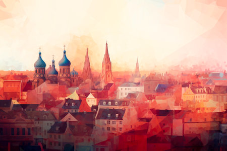 old european city watercolor illustration. Generative AI.の素材