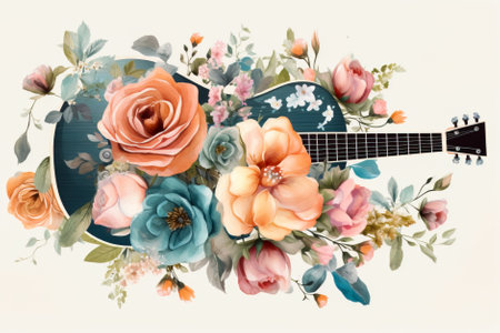 Guitar with flowers. Hand drawn watercolor illustration isolated on white background. Generative AI.の素材