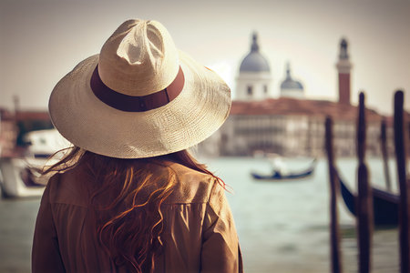 Girl in a white hat admires Venice. Generative AI, Generative, AI.の素材