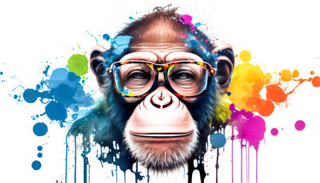 Colorful artistic monkey in eyeglasses. Generative AI.の素材