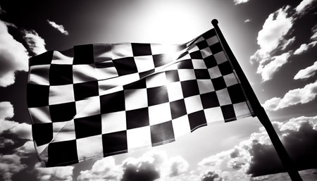 black and white checkered flag against the sky. Generative AI.の素材