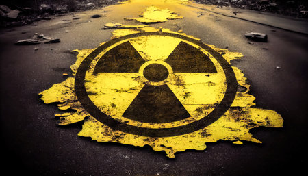 radiation hazard symbol on asphalt. Generative AI.の素材