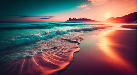 scarlet sunset on the sandy beach. Generative AI, Generative, AI.の素材