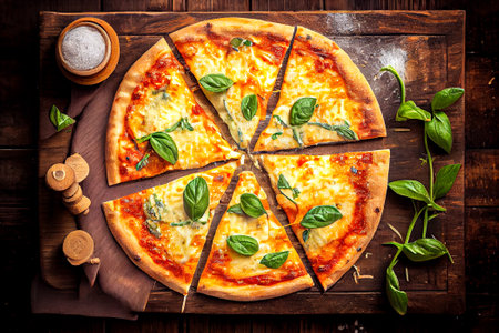 Pizza with basil on a wooden table top view. Generative AI, Generative, AI.の素材