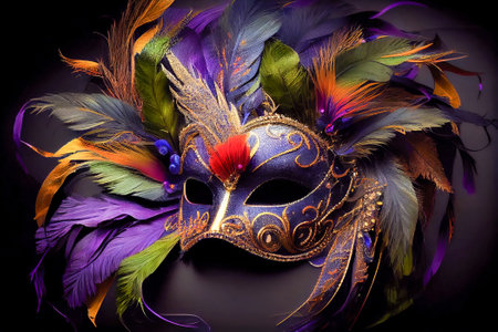Carnival mask with colorful feathers close-up. Generative AI, Generative, AI.の素材