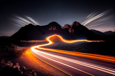 Highway long exposure at night with glowing lines from the car. Generative AI, Generative, AI.の素材