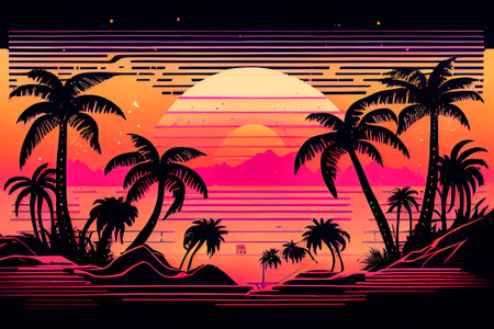 Sunset landscape palms and trees. Generative AI, Generative, AI.の素材