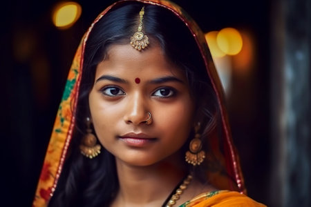 Portrait of a beautiful indian woman wearing traditional sari. Generative AI.の素材