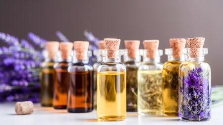Lavender essential oil in small bottles with fresh lavender flowers. Generative AI.の素材